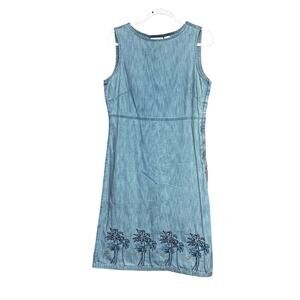 Liz Claiborne dress size 10 denim jumper palm trees embroidery side zip vacation